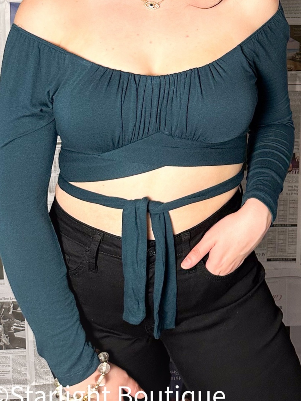 Teal Off-Shoulder Tie-Front Crop Top